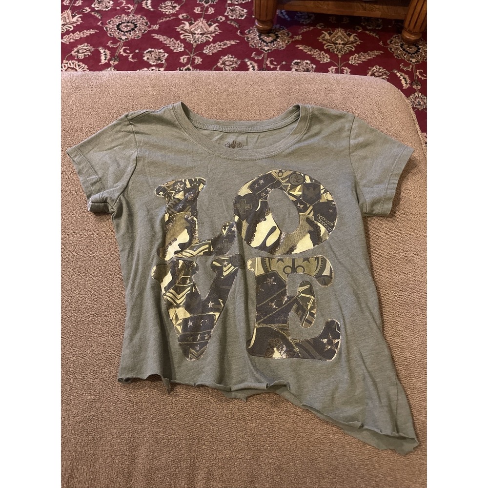 Girs Size 14 Crop Top Short Sleeve Love Graphic Dark Green (AH)